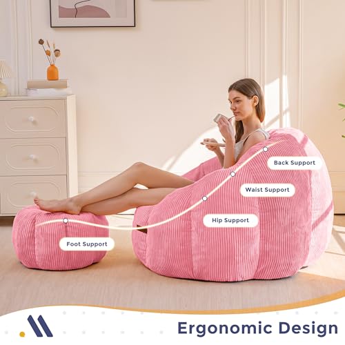 Image of MAXYOYO Giant Bean Bag Chair with Ottoman, Pumpkin-Shaped Bean Bag Sofa with Footstool, Oversized Boneless Couch Chair in a Box, Comfy and Lazy Lounge for Dorm, Living Room, Bedroom, Pink