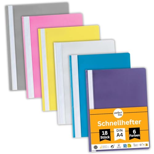perfect line - 18 Schnellhefter (PP) DIN-A4 6 Farben recycelbarer Kunststoff (PP) mit Beschriftungsstreifen kaufmännischer Heftung dokumentenecht säurefrei (Pastell - 6 Farben)