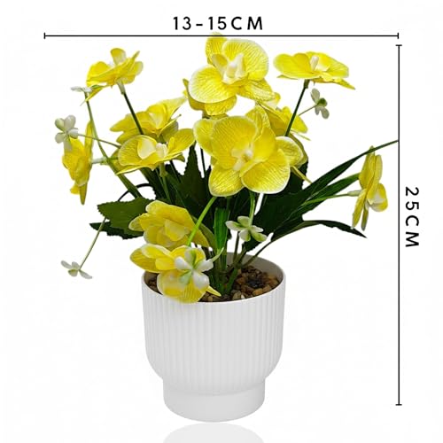Image of CURATED CART Flower Pot with Artificial Flowers - Orchid Yellow Flower with White Vase | Ideal for Home Decor | Office Decor | Gifting | Size 25 x 15cm