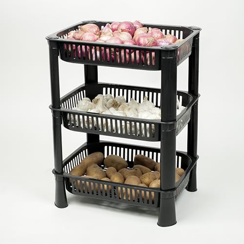 Image of THEODORE Plastic Vegetable Trolley Rack for Kitchen Storage Vegetable Organizer, Vegetable Stand for Kitchen Storage Racks for Office,Kitchen,Living Room, Fruits Onion Potato Stand (Black, 3 Layer)