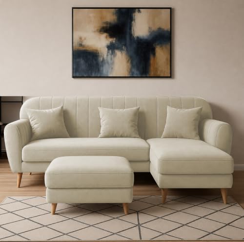 Image of Atticus RHS 4 Seater L Shape Sofa Set with Ottoman for Living Room (Cream Fabric) Premium Fabric Sofa Set