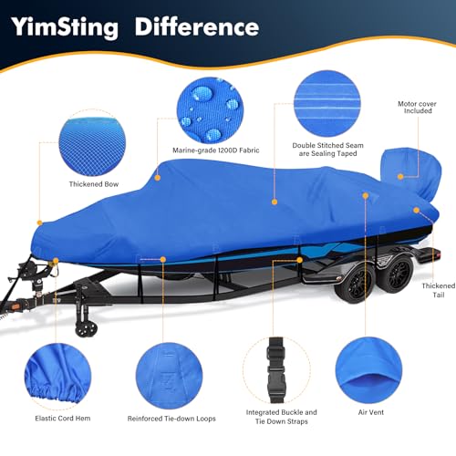 image for YimSting 1200D Waterproof Boat Cover - Fits 16' to 18.5' ft Bass, V-Hu