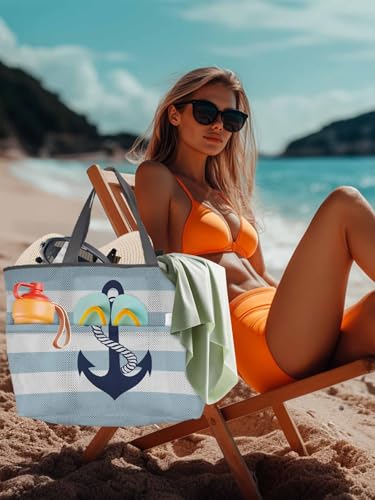 Mesh Beach Bag Oversized Tote Bags for Women Nautical Anchor Blue Stripe Large Travel Pool Bags with 8 Pockets4