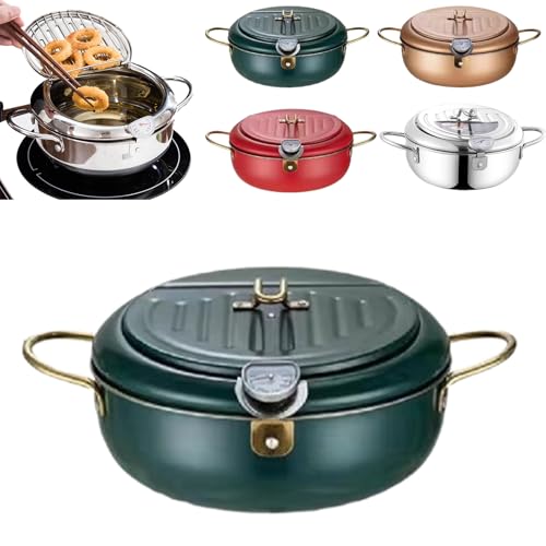 Achievementk - Olla de acero inoxidable, olla de acero inoxidable 304 con tapa, olla tempura japonesa con termómetro y escurridor de goteo de aceite, capacidad de 2,2/3,4/4,2 L (verde, 20 cm)
