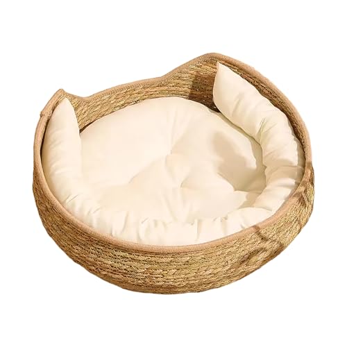 Rund Katzenhütte, 35cm Rattan Katzenbett, Handgefertigter Rattankorb Mit Baumwollekissen, Für Alle Jahreszeiten