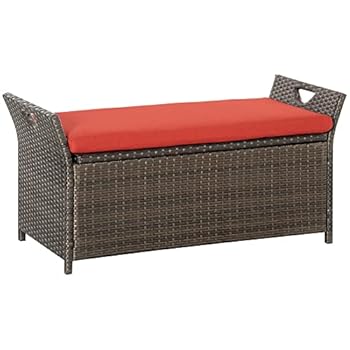 Alternative view of Outsunny 27 Gallon Patio Wicker Storage Bench, Outdoor PE Rattan Patio Furniture, 2-in-1 Large Capacity Rectangle Garden Storage Box with Handles and Cushion, Red