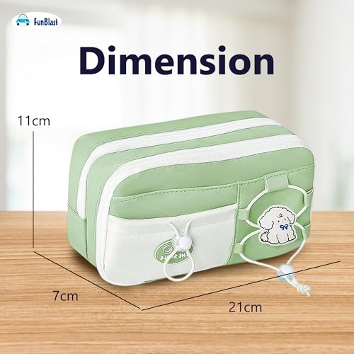 Image of FunBlast Pencil Pouch for Girls - Aesthetic Multi-Compartment Zipper Pouch with Drawstring Pocket, Cute Kawaii Pencil Case, Stylish Stationery Pouch, Return Gift for Kids & School Use (Green2)