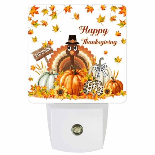 Image of Night Light Plug in LED Thanksgiving Farm Turkey Pumpkin Sunflowers Automatic Night Light,Square Night-Light Plug into Wall for Bedroom Bathroom Kitchen Hallway Decor