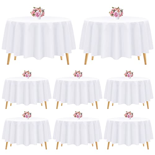 Pesonlook Lot de 8 nappes Rondes en Polyester Blanc de 228 cm, lavables, Nappe Ronde Nappe Blanche pour Mariage/fête/Banquet/Salle à Manger/Table de Buffet (blanc/228...