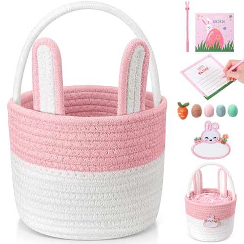 SiliFine Small Easter Baskets Set Woven Easter Basket with Name Tag Detachable Rabbit Ear Rustic Bunny Basket for Kids Girl Boy Baby Party Decoration Supplies(Pink)