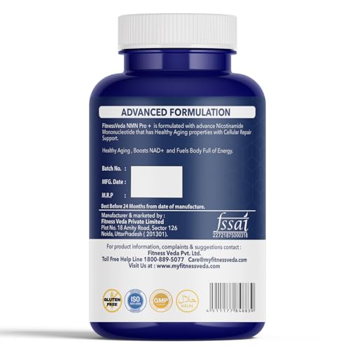 Image of FITNESS VEDA NMN PRO+ 600mg Truely Indian 99.9% Pure | Cellular Repair | Healthy Ageing | Improves NAD+ Support & Skin Health | Pack of 1-60 Capsules