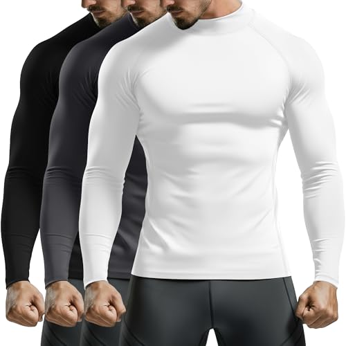 August Alley 3 Pack Men's Mock Turtleneck Compression Shirts Long Sleeve Athletic Undershirt Running Workout Tops Base Layer(White, Dark Gray, Black,Large)