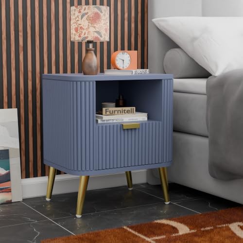 Image of Premium HDMR Wood Bedside Table with 1 Drawer & Open Storage Shelf, Fluted Nightstand with Golden Legs for Bedroom, Modern End Table, for Living Room | Grey Finish, Set of 2