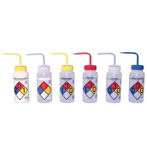 SP Bel-Art Right-to-Know Safety-Vented/Labeled Assorted 4-Color Wide-Mouth Wash Bottles; 500ml (16oz