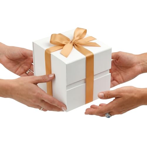 Image of LIFELUM Square Gift Box with Magnetic Lid, Card, Sticker, Ribbon, Shredded Paper Filler for Business, Wedding, Birthdays (White, square - 7 inch, 1 count (Pack of 1))