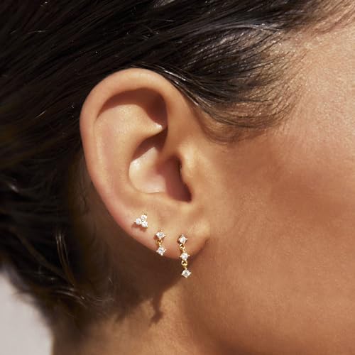 Image of Gold Plated Earrings for Women, 14k Gold Plated Earring Stack Hypoallergenic Pearl Drop Earring Dainty Earrings for Women Trendy Cute Small Huggie Hoop Earring Fashion Womens Jewelry