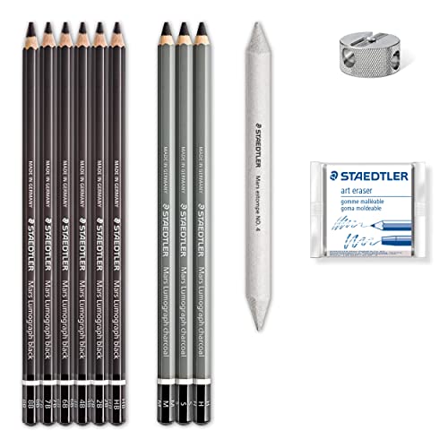 Image of STAEDTLER Charcoal Set, Complete Set with 3 Charcoal Pencils, 5 Premium Artist Pencils, 1 Paper Wiper, 1 Kneadable Artist Eraser, 1 Sharpener and Step-by-Step Instructions, 61 100C