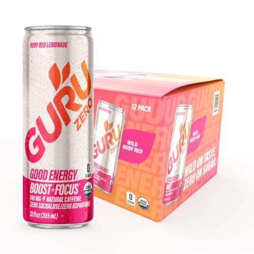 Image of GURU Zero Sugar Energy Drink, Ruby Red, 12 Fl Oz, 12 Pack | 140 MG Natural Caffeine for Workouts, Performance & Midday Boost, With Real Fruit Juice, L-Theanine, Plant Based, Gluten Free
