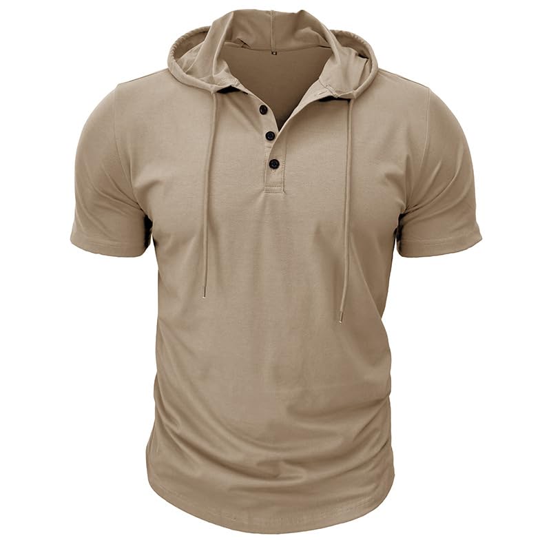 Men's Casual Short Sleeve Hoodie Pullover with Buttons and Drawstring Soft Muscle Fit Athletic Workout Top3
