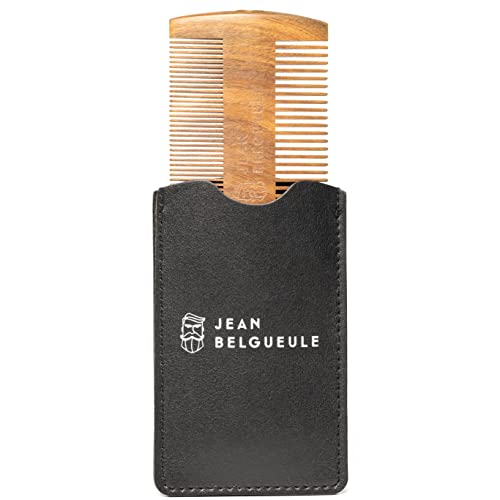 Peigne à Barbe, Moustache, Cheveux JEAN BELGUEULE - Peigne en Bois de Santal Vert Naturel Design, deux tailles de dents, Etui en Cuir - Entretien, Soin de la Barbe Cover