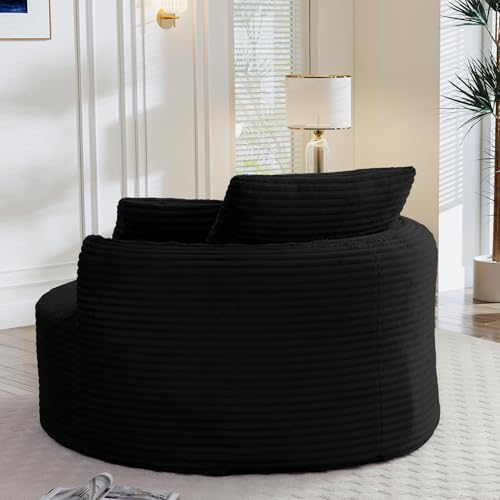 Image of Antetek 53.5-inch Round Chair, Modern Accent Corduroy Comfy Deep Seat Boneless Foam Floor Single Circle Chaise Sofa Chair with 3 Pillows for Living Room Bedroom Office, No Assembly Required, Black