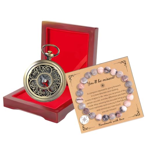 Brújula grabada con caja de madera y pulsera cruz, set de regalo miniatura 1