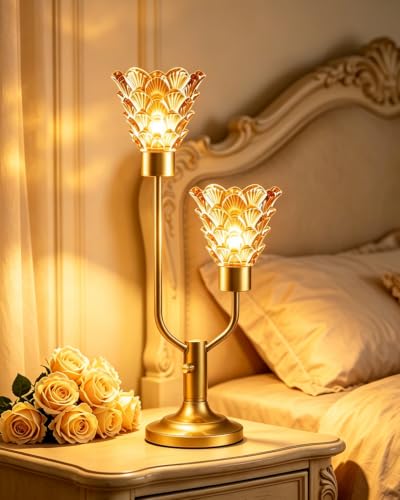 Image of Lightdot Mid Century Modern Table Lamp Gift Vintage Gold Lamp Dimmable | Nightstand Lamp Desk Lamp with Amber Glass Bulbs Included Warmwhite Ambient Bedside Lamps for Bedroom Living Room Home Decor