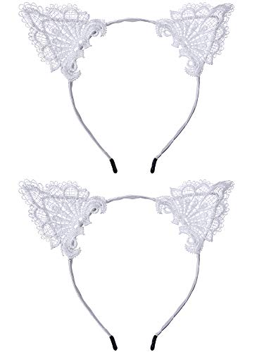 Hotop Cat Headband Lace Ear Headbands Cat Ear Hairband for Women Girls, 2 Piece (White)