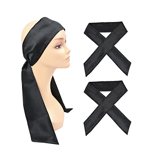 Satin Scarves for Lace Front Wigs Keep Wig Secured Silk Headband for Sports Yoga Facial (2 Pieces,Black), Black 2pcs