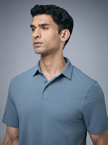 Image of TECHNOSPORT Men's Solid Slim Fit Polo Collar T-Shirt COTFLEX Half Sleeve Button Polyester for Gym Running Workout UPF50+ Anti Odour