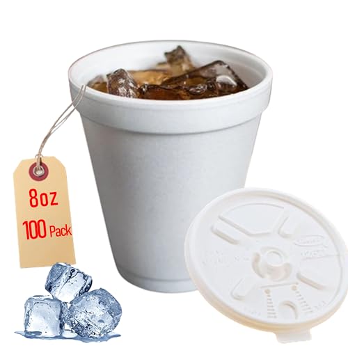 8OZ Foam Cups for Hot & Cold Drinks With Lids USA-Made 100-Pack - Ideal Styrofoam Coffee Cups Insulating To-Go Cups for Soda Tea Juice - Sturdy Disposable & comparable to Industry standard 8J8