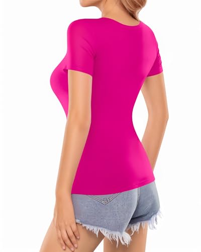 Image of MANGOPOP Womens Short Sleeve /Long Sleeve Square Neck T Shirts Tops Tees (A04 Rose Pink, X-Large)