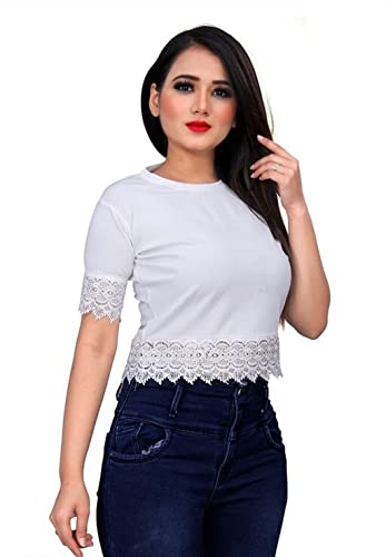 Ribacouture Womens Super Soft Round Neck Half Sleeves Solid Boxy White Crop Top