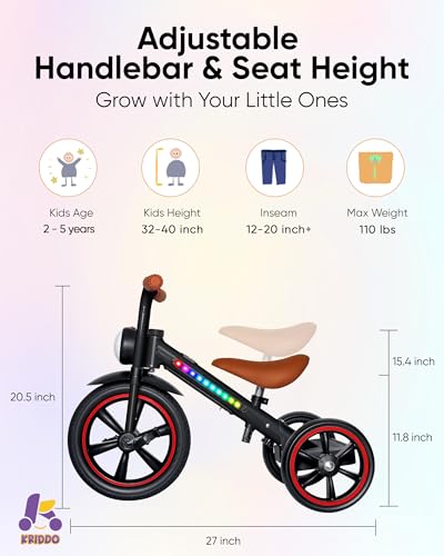 Image of KRIDDO Kids Tricycle, 12 Inch Puncture Free Wheel w Front Light, Adjustable Seat Height, Gift for 2-5 Year Olds, BlackLED