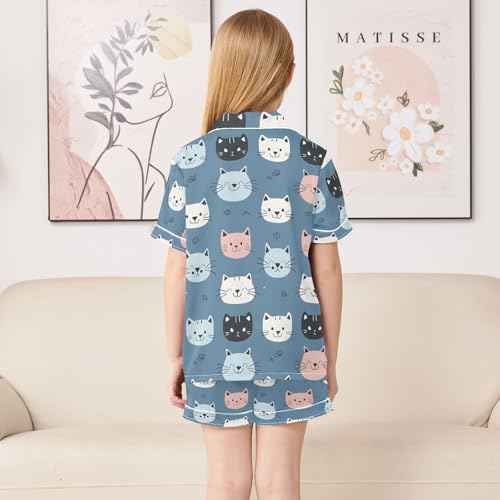 ALAZA Kitten Cat Blue Stylish Pajamas Satin Pajama Set Short Sleeve Button Down Sleepwear4