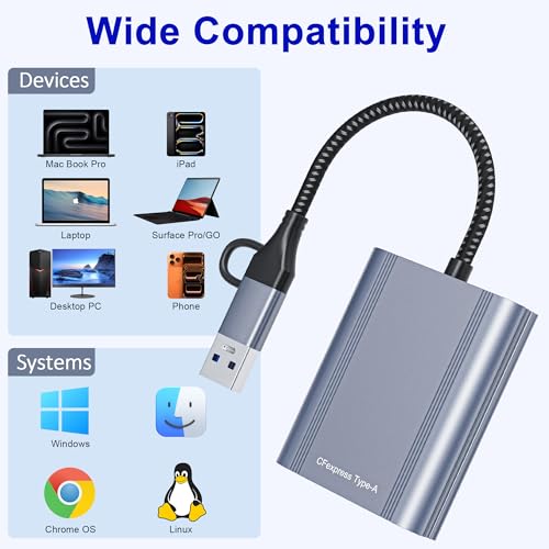 CFexpress Type A Card Reader with 10Gbps USB 3.2 Gen 2, USB-C & USB-A 2-in-1 Type A CFexpress Adapter, Compatible with Windows/Mac/Linux/Android, iPhone 17/16/15, iPad, Laptop, Tablet, Smartphone - Image 7