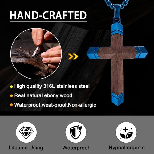 Image of Wooden Cross Necklace for Men with Stainless Steel Adjustable Chain 24-26in, Christian Wood Crucifix Pendant Gift for Him