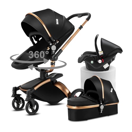 Doraystar 360° Rotation Cuir PU Poussette 3 en 1, Pousette Bebe avec Conception Pliable en Un Clic, Pousette Canne avec Grande Nacelle Confortable, Poussette...