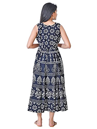 Image of Women's Cotton Printed Traditional Long Midi Maxi Kurti /One Piece Dress (Black Flower)