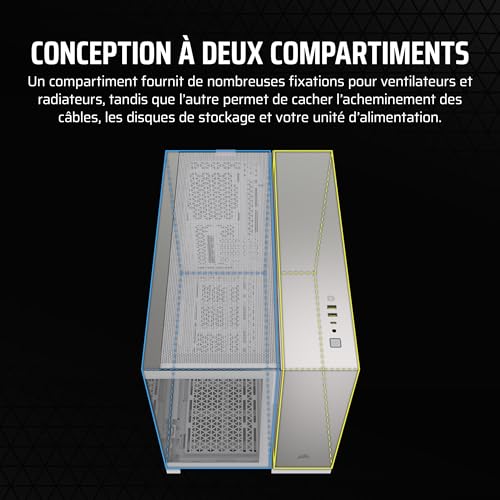 CORSAIR 2500X Boîtier Petit Tour mATX à Double Chambre – Verre Trempé Panoramique - Connexion Inversée Compatible avec la Carte Mère – Pas de Ventilateurs Inclus – Blanc/Gris Satiné Aluminium