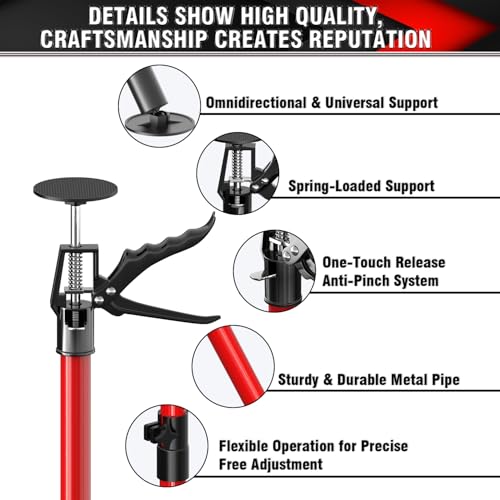 3-H Adjustable Support Pole 45-114 Inches, 4 Pack Heavy Duty All-Steel Telescoping Pole for Drywall Ceiling, One-Handed Quick Adjustment (Red) by 3-H - Image 3