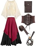 Hillban Women Medieval Renaissance Dress Costume Halloween Blouse Top Skirt Pouch Corset Belt Bottle(Red, XX-Large)