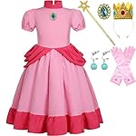 Coseaon Peach Cosplay Disfraz Niña Peach Princesa Vestido de Melocotón con Corona Guantes Varita de Mágica Difraces Halloween Navidad Carnaval 4-15 años