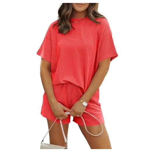 MARZXIN Women's 2 Piece Outfits Summer Tracksuit Ribbed Textured Knit Loose Lounge Shorts Set Short Sleeve Matching Sets Orange L