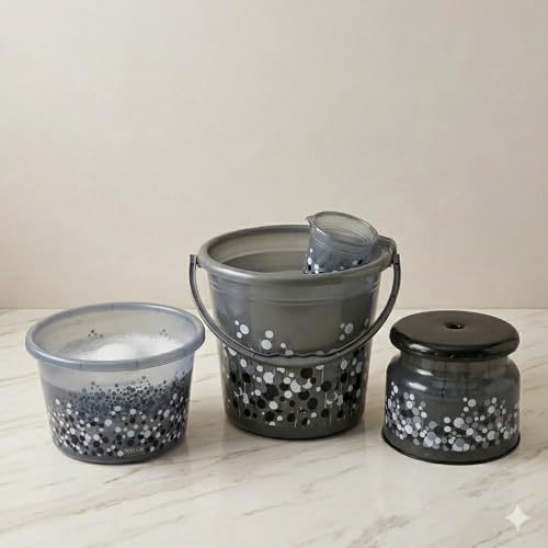 Image of AIR O MATIC Plastic Bathroom Set 06 Pieces Heavy Duty, Large Capacity (18 LTR Tub, 18 LTR Bucket, NOVA Patla Round, Tidy Dustbin 9 LTR, Mug 1LTR, Soap Case) Black