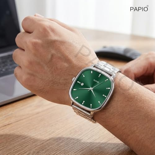 Image of PAPIO Analog Quartz Watch with Date Display | Silver Stainless Steel Strap | Square Dial Formal & Casual Wrist Watch for Men