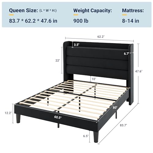 Image of Allewie Queen Size Upholstered Bed Frame with Charging Station, Black