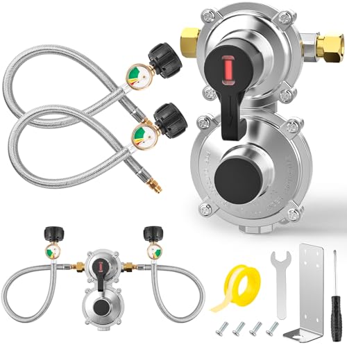 Devvicoo 2-Stage Auto Changeover LP Propane Regulator with Gauge, 18-inch Stainless Steel Braided QCC1 Hose, 3/8' NPT Female Outer, for RV Trailers Campers