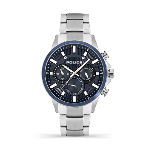 Police Kismet PEWJK2195140   Reloj multifunción para Hombre con Esfera Azul y Pulsera de Acero Inoxidable, Caja de Acero Inoxidable de 47 mm, Plata, Talla única, Pulsera