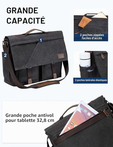 Sac de Messager 15,6 Pouces en Toile Imperméable avec Sangle Bagage